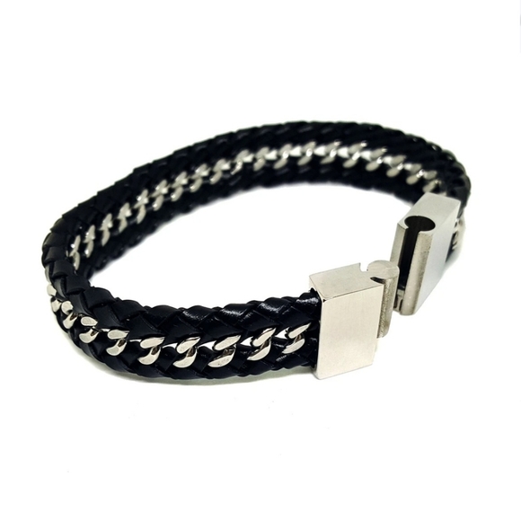Other - Black Leather Bracelet with Stainless Steel 8-1/2"